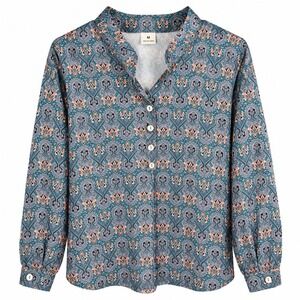 Vintage Style Teal Damask Print Long Sleeve Blouse Medium